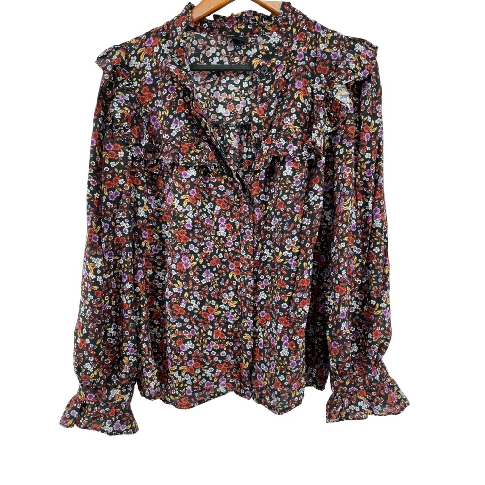 Dark Floral Ruffle Top Womens XXL Black Cottagecore‎ Victorian Romantic Boho